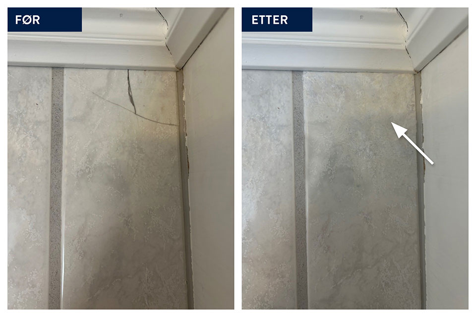 Reparasjon av sprekk i baderomsflis – før og etter bilde som viser skadet flis i hjørne som er reparert og fremstår hel uten synlige skader.