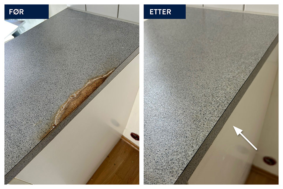 Reparasjon av kjøkkenbenk – før og etter bilde som viser vannskade og oppflising på benkeplate som er utbedret til jevn og pen overflate.