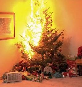 Brandende kerstboom. Polygon kan de schade herstellen. 