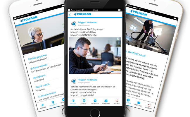 Screenshot Polygon app - verschillende mogleijkheden om makkelijk en snel contact op te nemen