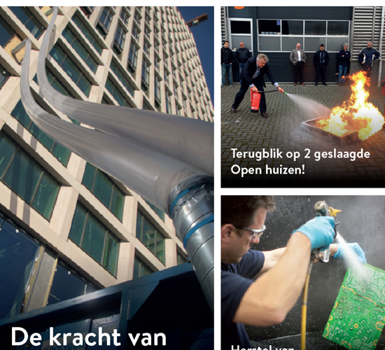 De voorzijde van de First & Fast geeft een aantal artikelen weer: De kracht van veelzijdigheid waardoor Polygon op maat gemaakte klimaatoplossingen levert. Een terugblik op 2 geslaagde Open huizen in maart en Herstel van elektronische apparatuur.