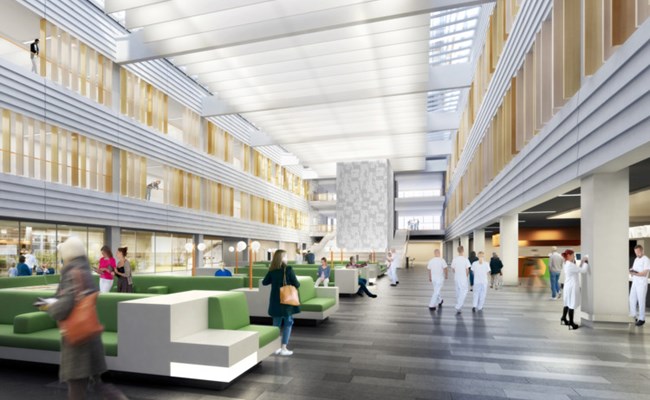 Det byggs nu flera nya sjukhus i Storstockholm, vilket innebär väldiga byggnader på tusentals kvadratmeter och enorma hygienkrav att beakta ur fukt- och miljösynpunkt. Vi är involverade i ett flertal av dessa nybyggnationer i olika skeden beroende på uppdraget; fuktsakkunnig i projektering, fuktsäkerhetsansvarig i produktion samt miljö- och miljöbyggnadssamordning genom hela projektet.

NKS entre Illustration White Tengbom Team