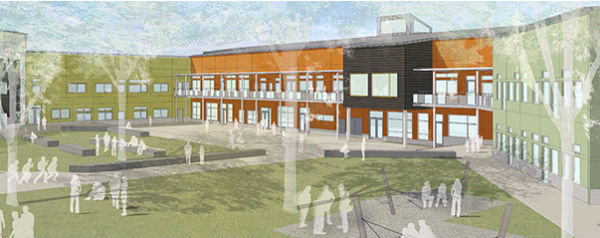 Arkitektritad bild på Pär Lagerkvist skola i Växjö. 