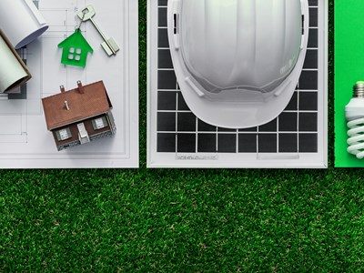 En kvinna som sitter vid en kontorsplats och skriver på en dator. 